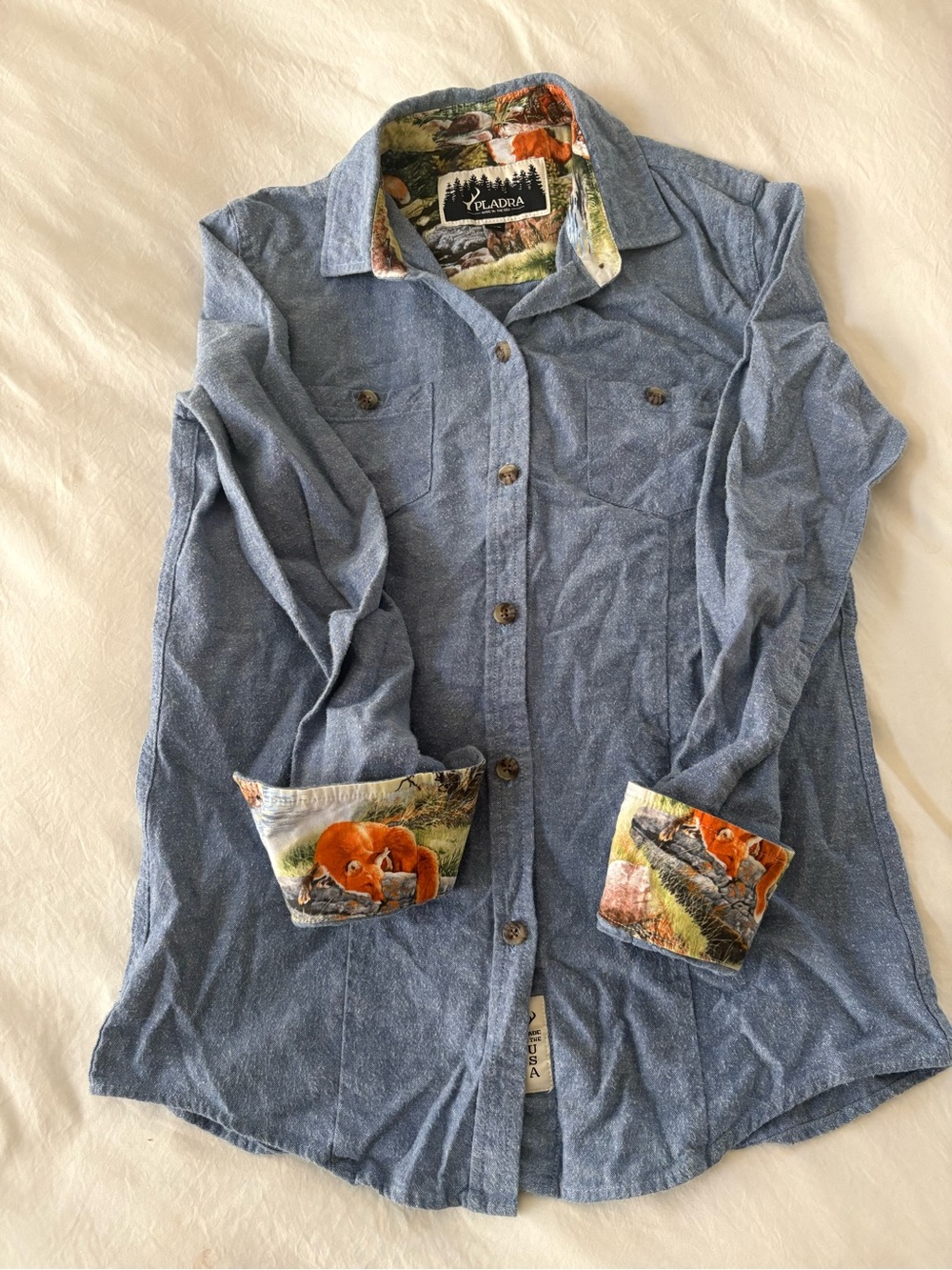 Women’s Pladra Button-Down Flannel Shirt with Fox Print Trim and Cuffs